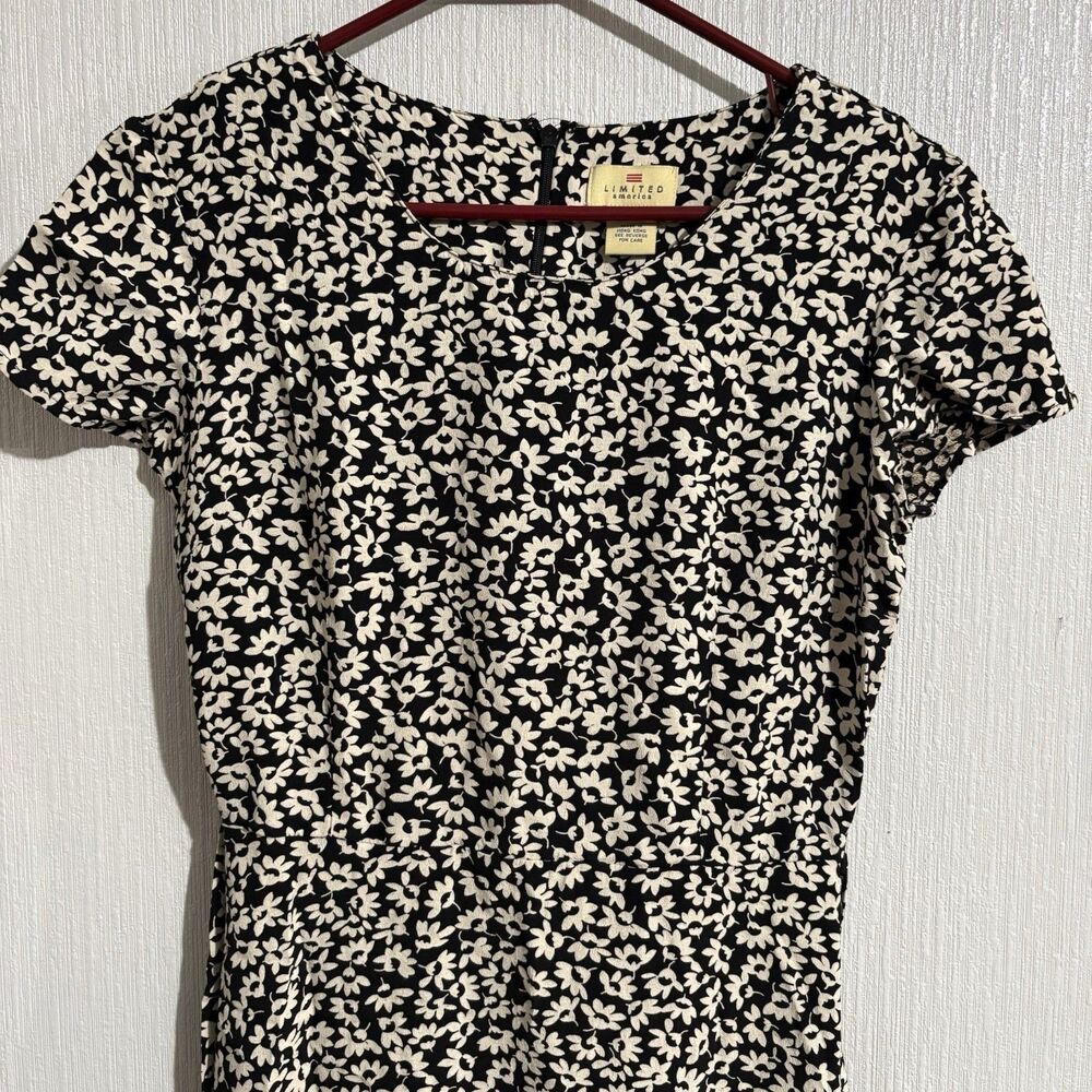 Vintage Limited America Dress Black White Flower Tie 90s Cottage Granny Y2K 6 - Picture 2 of 11